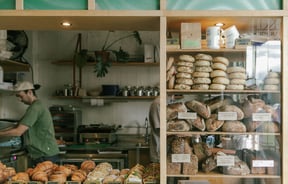 Bread, croissants and sandwiches behind glass at Grizzly Baked Goods in the Christchurch CBD.