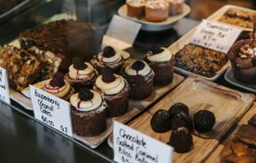 Close up of sweet treats in the cabinet at Industry..