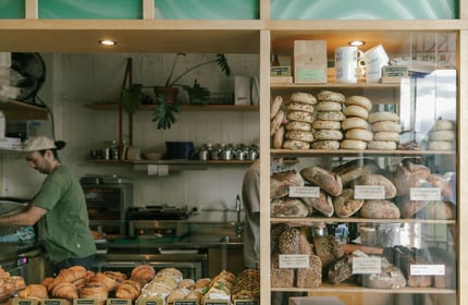 Bread, croissants and sandwiches behind glass at Grizzly Baked Goods in the Christchurch CBD.