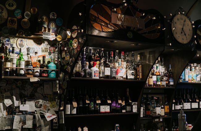 Bottles of spirits on display behind the bar at Albar, Dunedin.