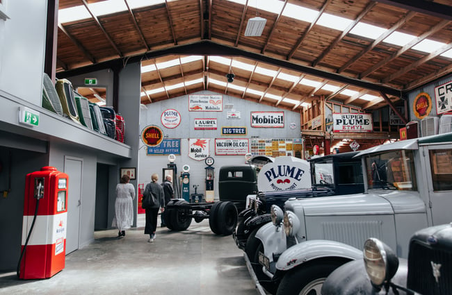 The inside of the car museum.