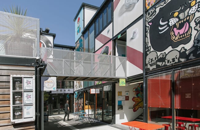Laneways and an overhead walkway within BOXed Quarter in Christchurch.
