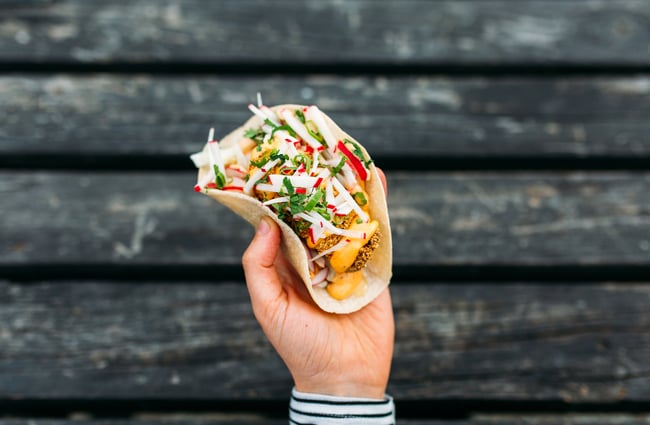 A hand holding a taco.
