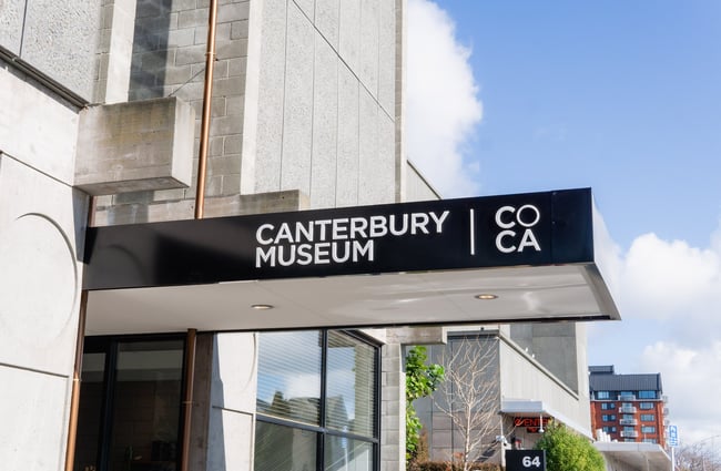Canterbury Museum and CoCA signage on the entrance canopy.