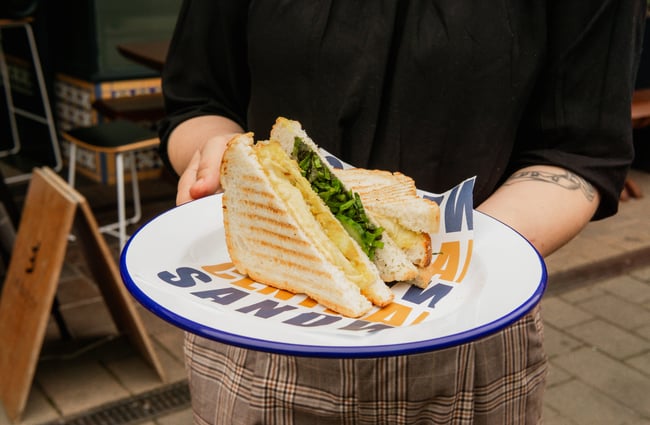 A close up of cut sandwiches on a plate.