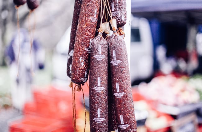 Close up of salami for sale at Christchurch Farmers Market.