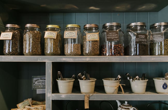 Selection of teas in jars at Good Food Co.