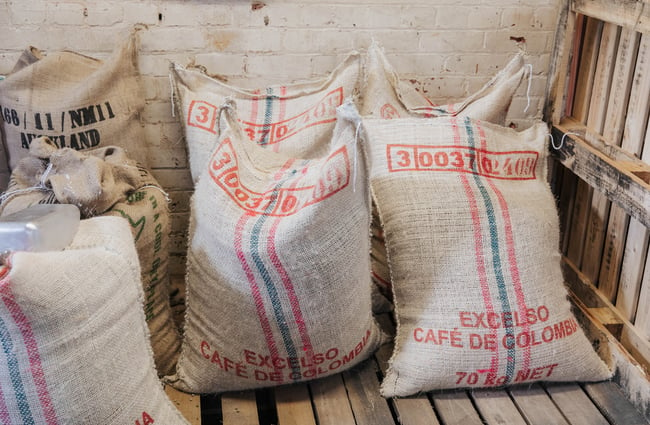 Bags of green coffee beans.