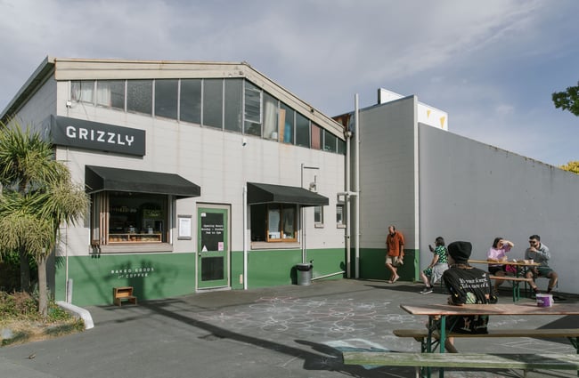 The outdoor seating area at Grizzly Baked Goods in Christchurch's Sydenham suburb.
