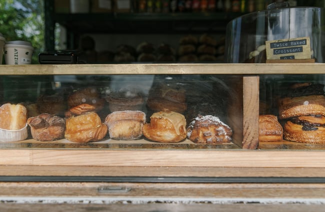 Close up of sweet pastries in the cabinet at Grizzly Baked Goods in Christchurch.