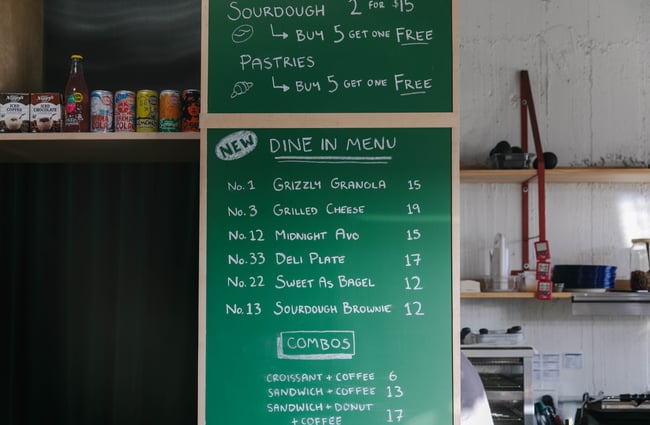 Grizzly Baked Goods menu at their Christchurch CBD location.