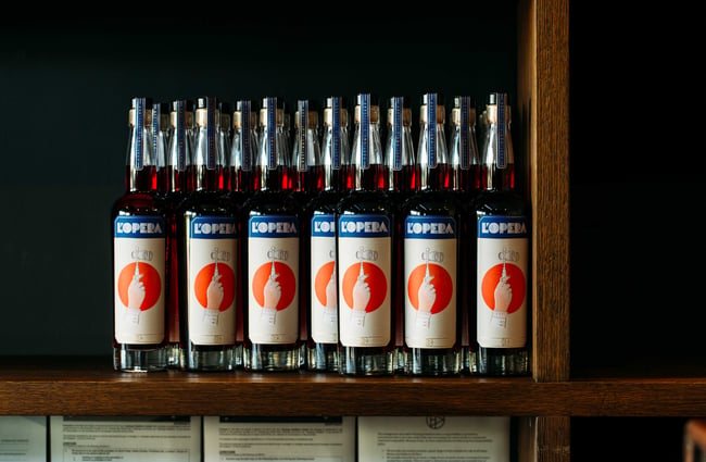 A close up of multiple gin bottles on a dark wooden shelf.