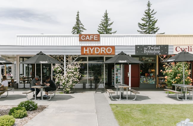 The entrance to Hydro Cafe and Twizel bookshop looking from the street.
