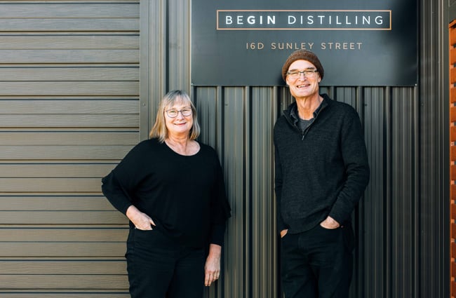 Jo and Dave outside distillery at Juno Gin, New Plymouth.