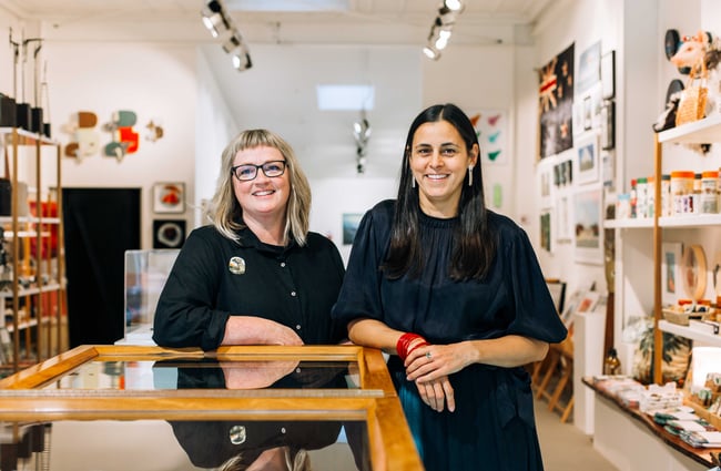 Luella Raj and colleague at Kina NZ Design + Artspace, New Plymouth.