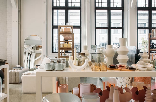 Beautiful homewares on display on tables in light and airy Kindred Room space.