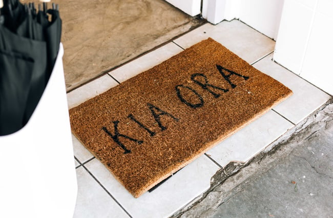 Kia ora welcome mat at Knead Artisan Donuts, New Plymouth.
