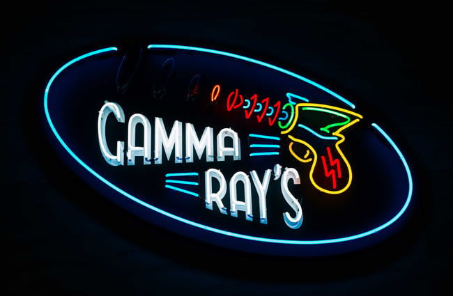 Close up of a Gamma Rays burger sign.