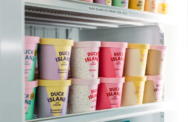 A close up of Duck Island ice cream behind a freezer with a glass door.