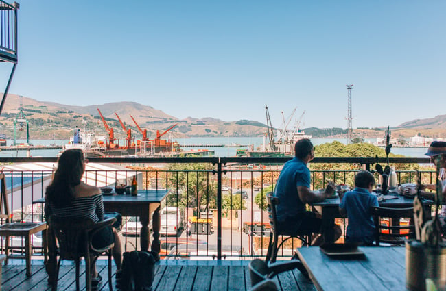 The deck overlooking the Lyttelton Harbour at Lyttelton Coffee Company cafe.
