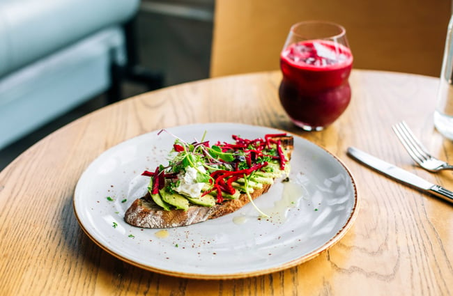 Avocado on toast with red juice from Monica's Eatery, New Plymouth.