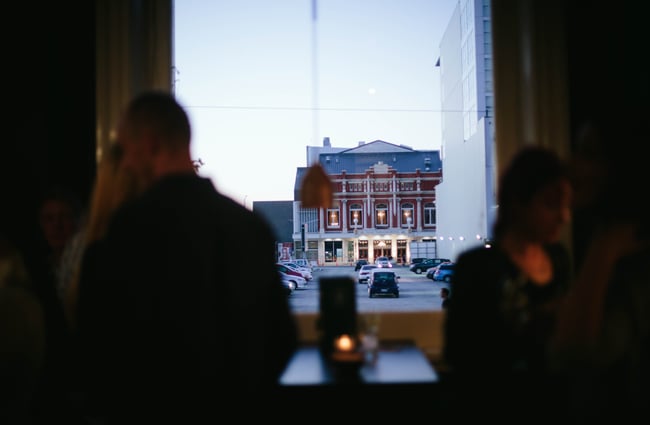 Looking at the Theatre Royal through the bar window at OGB in Christchurch.