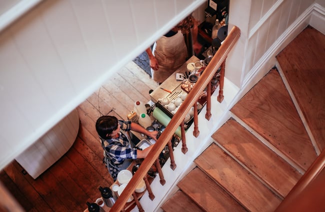 Looking down onto wooden staircase.