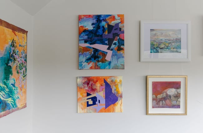 A range of artworks hanging on the wall at Petronella's Gallery and Bookstore, Tekapo.