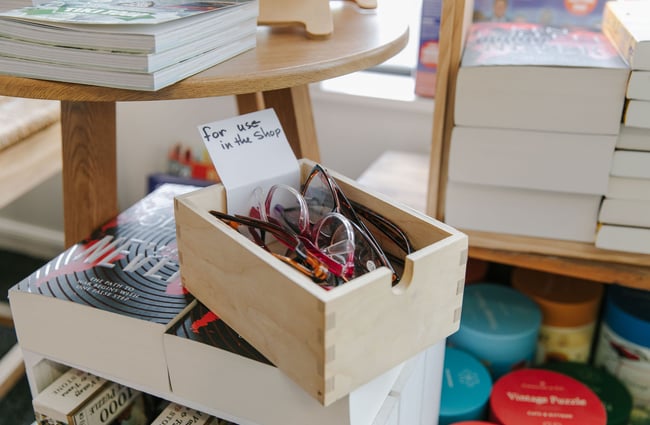 Box of glasses to use whilst in the bookshop at Petronella's Gallery and Bookstore, Tekapo.