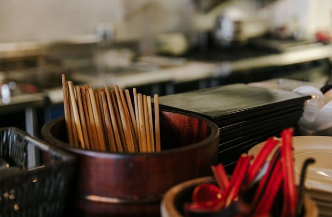 Chopsticks in a container at Saikou, Timaru.