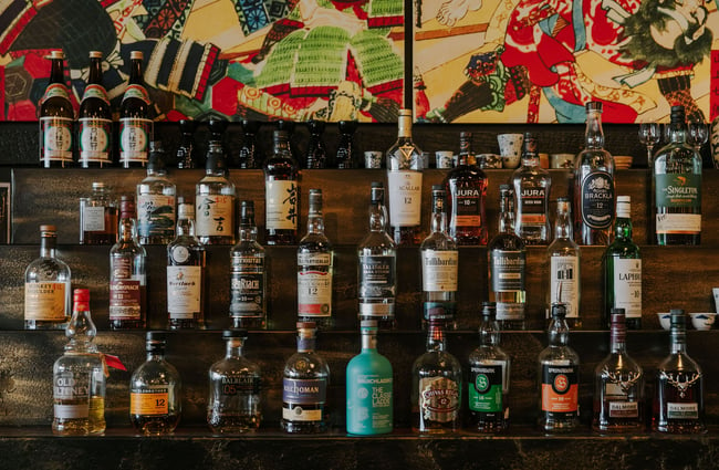 Selection of whiskeys behind the bar at Saikou, Timaru.