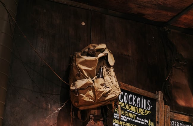 Old canvas backpack hanging up on the wall with beer bottle in side pocket.