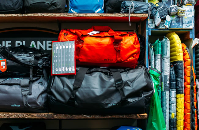Bags and sleeping bags for sale at  Trek 'n' Travel, Hamilton.