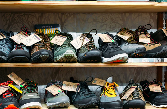 Hiking boots on display at Trek 'n' Travel, Hamilton.