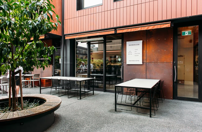 The entrance and outdoor seating area to Workroom cafe in Havelock North.