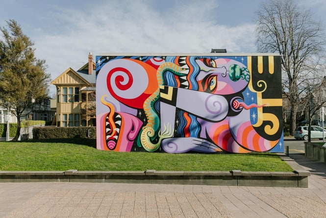 A bright colourful street art wall in Christchurch city.