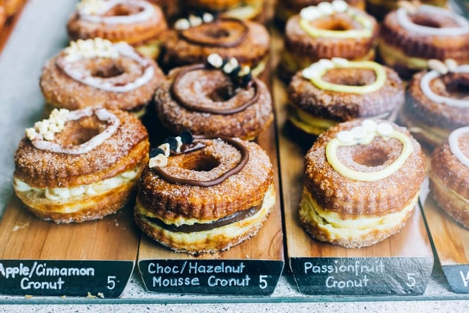 Close-up image of cronuts in a glass cabinet.