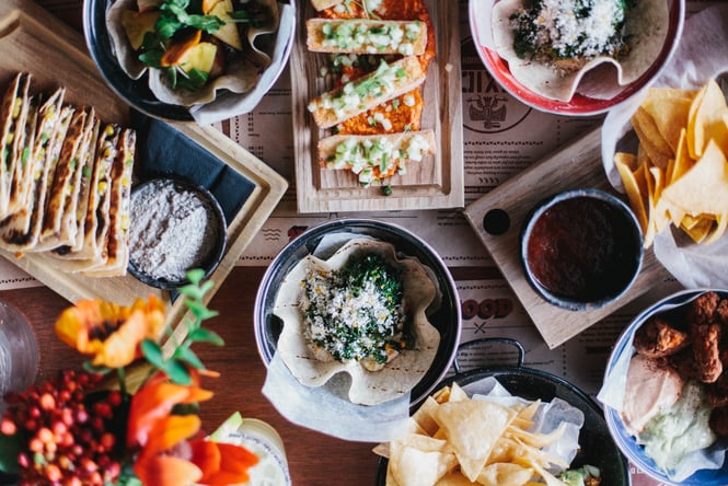 A flatlay of Mexican food on a table.