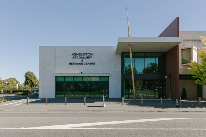 The exterior of Ashburton Art Gallery on a sunny day.