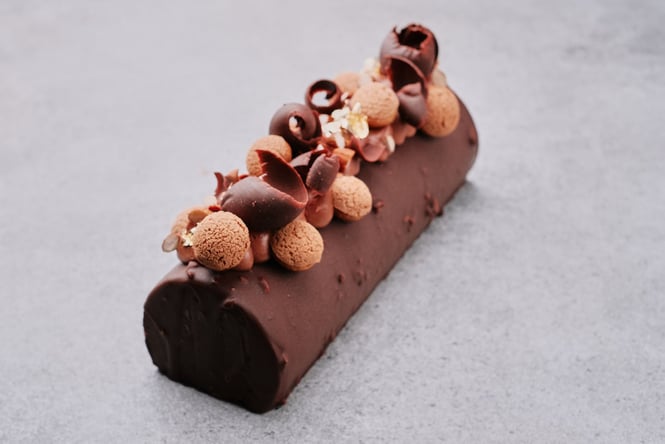 A beautifully decorated chocolate log.