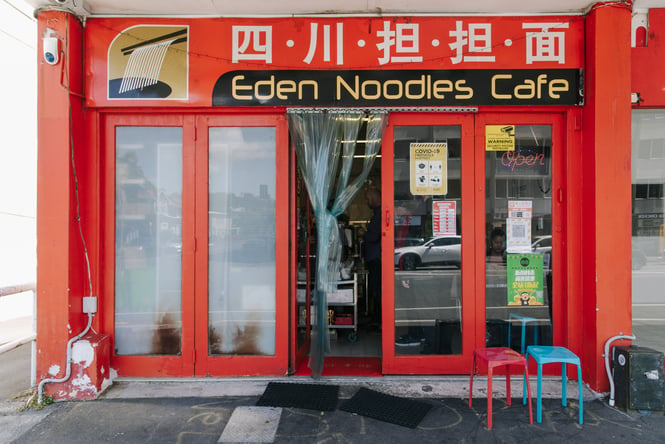 The red entrance to Eden Noodles in Auckland.
