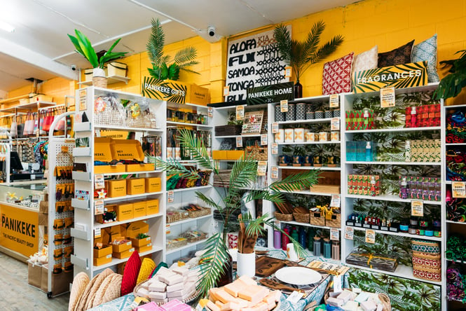 Soaps, clothes and homewares on display inside Panikeke store.