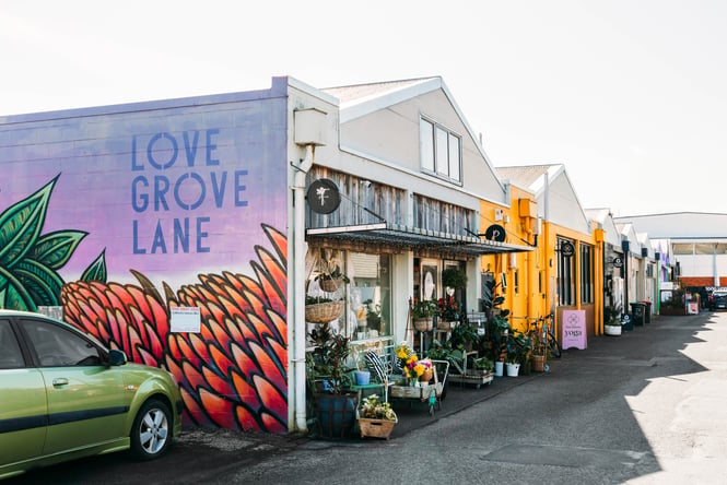 The brightly painted exterior of Lovegrove Lane in Hamilton.