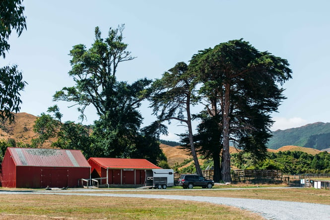 A view of a red barn set in front of rolling green hills.