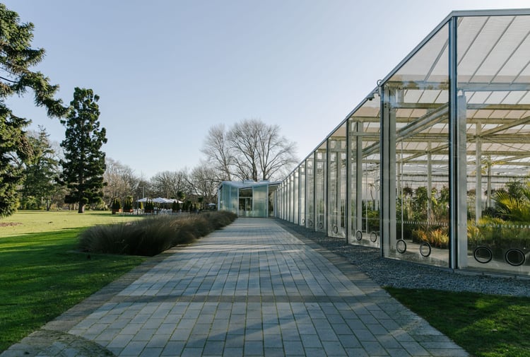 A big glass house filled with rows of plants.