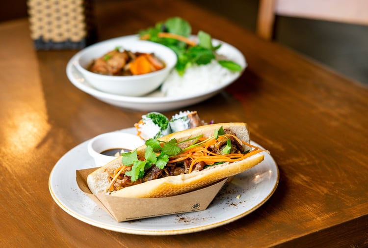 A banh mi on a table.