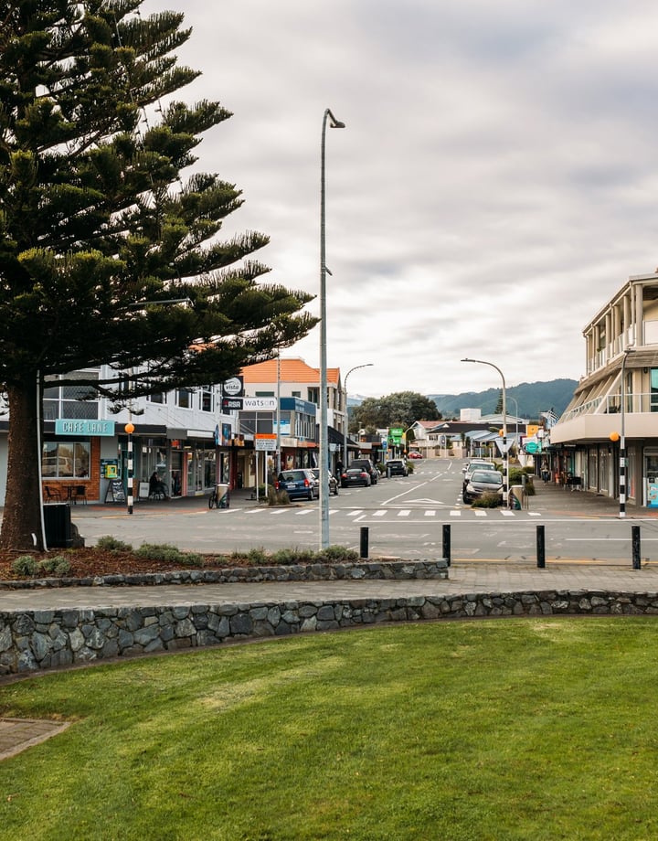 A street in Paraparaumu on a cloudy day.