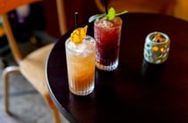 Close up of two bright cocktails in a tall glass with mint and dried fruit garnishes