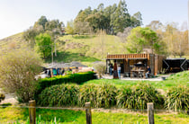 A container cafe nestled into a green grassy knoll.