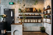 Interior of beauty store with shelves of skincare and plants hanging from ceiling
